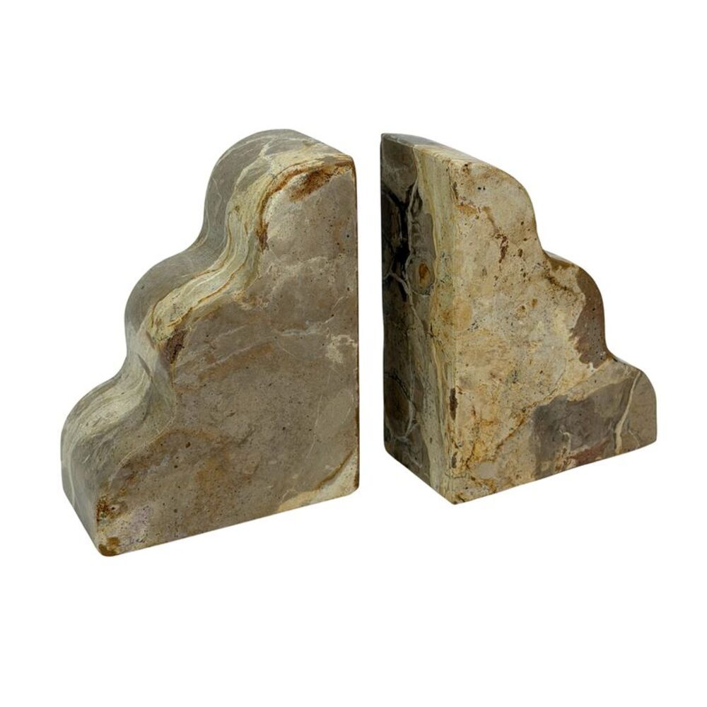 Scalloped Marble Bookends Set of 2 Natural Veined Stone 9 Inch Wide Felt Pads